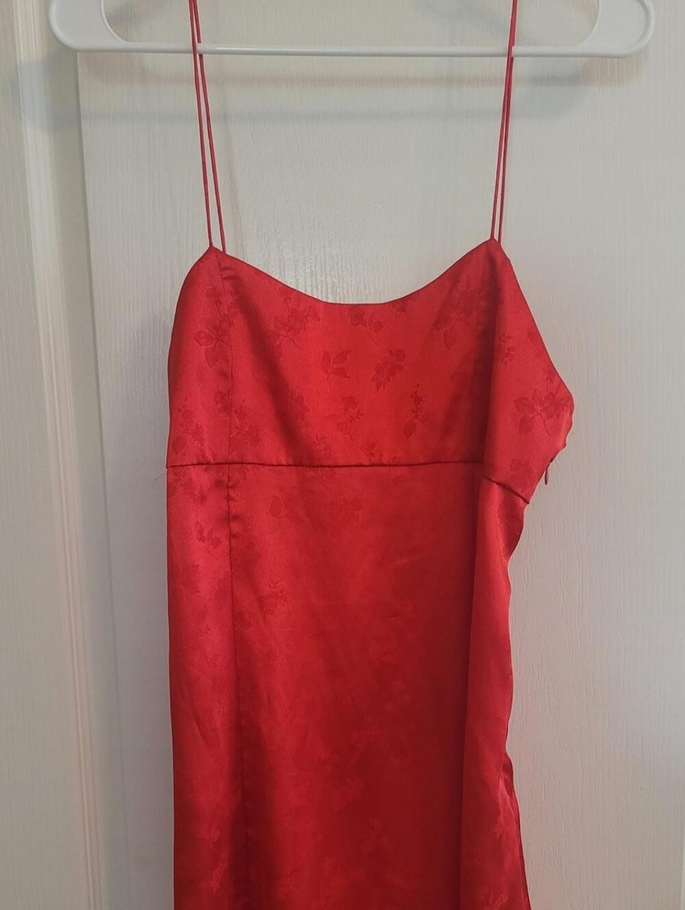 Red Satin Slip Dress with Floral Jacquard
